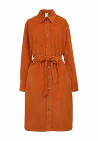 Robe en velours côtelé couleur rouille avec un col, des manches longues et une ceinture à la taille. Présente des fermetures à boutons et une surface texturée.