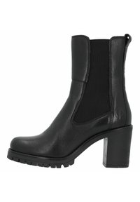Black ankle boot made of textured leather with elastic side panels, a chunky heel, and a rugged rubber sole. Features logo detail on the side.