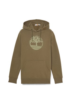 Olijfgroene sweatshirt met een capuchon, voorzien van een groot boompje logo in een lichtere tint, een voorzak en geribbelde manchetten en zoom.
