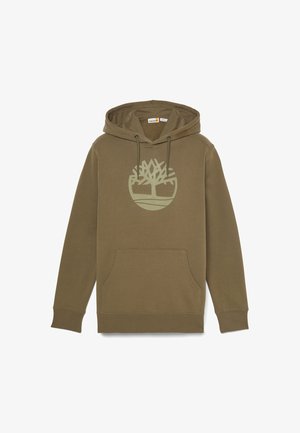 Olivgrüner Kapuzenpulli mit großem Baum-Logo in einer helleren Farbe, mit einer Fronttasche und gerippten Bündchen und Saum.