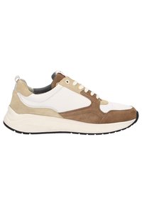 Legere Sneaker in Beige, Braun und Weiß mit Schnürverschluss, gepolsteter Sohle und Wildleder- sowie Stoffeinlagen auf einem weißen Hintergrund.