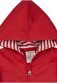 Felpa rossa con zip e cappuccio, con rivestimento interno a righe bianche e rosse. Realizzata in cotone 100% biologico. L'etichetta indica la taglia 74/80 e il nome del marchio.