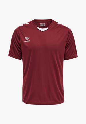 Maronenfarbenes Fußballtrikot aus glattem, leichtem Stoff. Verfügt über einen V-Ausschnitt, kurze Ärmel und weiße Akzente an den Schultern mit dem Markenlogo.