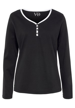 Schwarzes Langarmshirt mit V-Ausschnitt und weißen Abschlüssen, das fünf schwarze Knöpfe entlang der Vorderseite hat. Glatte Baumwollstruktur.