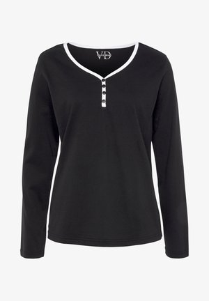 Black long-sleeve shirt with a V-neck and white trim, featuring five black button closures along the front placket. Smooth cotton texture.