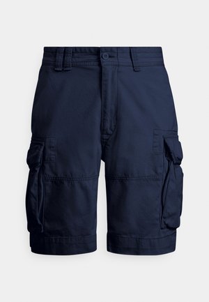 Pantalones cortos cargo azul marino hechos de tela resistente, con bolsillos laterales, cierre de botón y detalles cosidos para dar textura.
