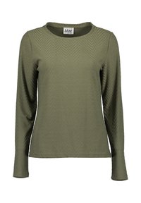 Camicia a maniche lunghe verde oliva con un motivo a zigzag testurizzato, scollatura rotonda e tessuto morbido e leggero.