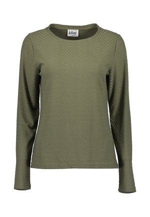 Olivenfarvet langærmet skjorte med et tekstureret zigzag-mønster, rund halsudskæring og blødt, let stof.