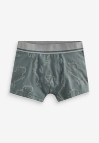 Ciemnozielone bokserki z jasnoszarym wzorem dinozaurów. Miękki materiał, elastyczny pasek w szaro-tealowe paski, dopasowany krój.