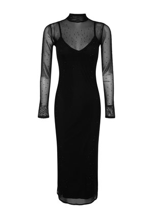 Schwarzes mittellanges Slip-Kleid mit transparenten langen Ärmeln, hohem Kragen, dezentem Polka-Dot-Muster und figurbetonter Silhouette.