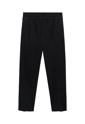 Pantalones negros de pierna recta con cintura elástica, sin patrones visibles ni adornos, mostrados sobre un fondo blanco.