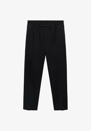 Schwarze gerade geschnittene Hose mit elastischem Bund, ohne sichtbare Muster oder Verzierungen, auf einem weißen Hintergrund präsentiert.