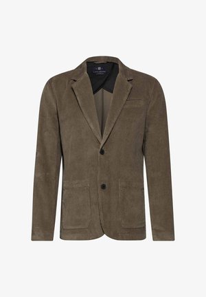 Blazer en velours côtelé marron avec un col à revers, deux poches avant, fermeture à un bouton et détails texturés en cannelures sur l'ensemble.