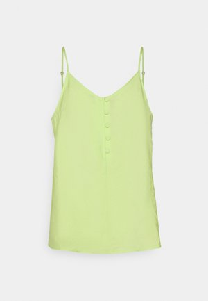 Bezrękawowy top w kolorze jaskrawej limonki z dekoltem w serek, charakteryzujący się gładką fakturą i siedmioma guzikami z tyłu do zapięcia.