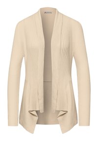 Cardigan en maille côtelée beige avec manches longues et devant ouvert présentant un ourlet drapé et asymétrique.