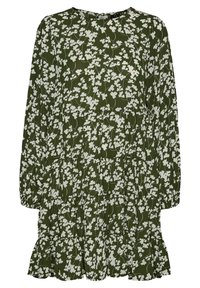 Robe fleurie verte à manches longues, col rond et jupe à volants. Présente un motif de fleurs blanches sur fond vert foncé. Tissu doux.
