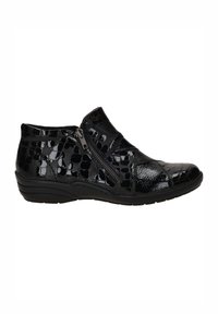 Bottines noires en cuir verni avec une texture crocodile, dotées d'une fermeture éclair sur le côté et d'un bout arrondi. Talon compensé bas.