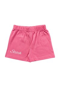 Vaaleanpunaiset puuvillashortsit, joissa on joustava vyötärö ja valkoiset kursiivitekstit "Stitch" vasemmassa alakulmassa.