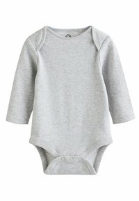 Szary bodysuit z długim rękawem, wykonany z miękkiego materiału, z okrągłym dekoltem, zatrzaskami u dołu oraz teksturowanym, melanżowym wykończeniem.