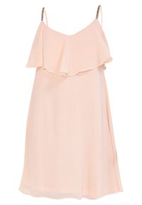 Světle růžové šaty s lehkou volánkovou vrchní částí a tenkými ramínky. Vyrobené z jemné, texturované tkaniny, s uvolněným střihem a délkou k kolenům.