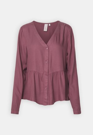 Langsleeve V-hals blouse in mauve, met knoopsluiting en een geplooide taille. Gemaakt van zachte stof met een gladde textuur.