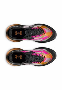 Multicolored running shoes featuring a breathable mesh upper with orange, pink, and black accents, a textured sole, and black laces.