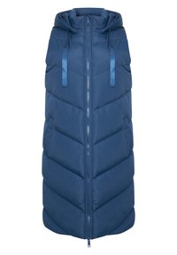 Gilet imbottito blu navy con cappuccio, caratterizzato da un design a motivo chevron, chiusura frontale a zip e due tasche laterali. Materiale liscio e isolante.