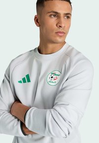Jasnoszara bluza z zielonym logo Adidas i emblematem reprezentacji Algierii. Posiada okrągły dekolt i teksturowane rękawy.