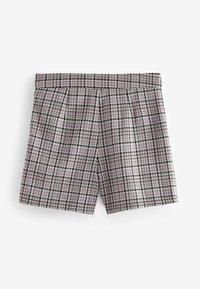 Herren-Karotten-Shorts mit einem gemischten Muster aus Pink, Schwarz und Weiß. Aus leichtem Stoff gefertigt, mit einem gefalteten Frontbereich und einem elastischen Bund.