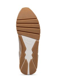 Semelle de sneaker avec une semelle extérieure en caoutchouc texturé de couleur beige et une semelle intermédiaire blanche ; design en zigzag et rainures flexibles pour l'adhérence.