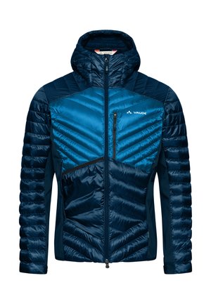Navyblaue isolierte Jacke mit geometrischem Steppmuster. Mit Kapuze, verfügt über Reißverschlusstaschen und kontrastierende hellblaue Akzente.