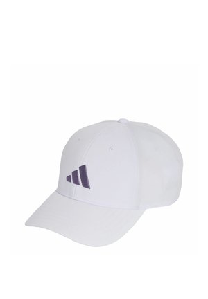 Weiße Baseballkappe mit gebogenem Schirm und drei dunkelvioletten diagonalen Streifen auf der Vorderseite.