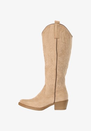 Bota vaquera hasta la rodilla de ante beige con patrones decorativos cosidos, lengüeta para tirar en la parte superior y tacón bajo apilado.