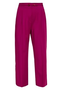 Fuksjowe spodnie o dopasowanym kroju, z dwoma guzikami w pasie i fałdami z przodu, wykonane z gładkiego materiału.