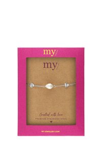Silver chain bracelet featuring a central pearl and floral-shaped accents, presented in a bright pink box with a brown interior.