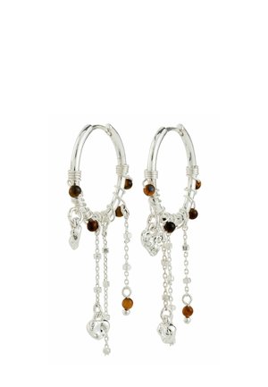 Silver hoop earrings with dangling chains, featuring brown beads and heart-shaped accents, showcasing a mix of textures and shapes.