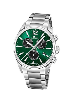 Montre chronographe en acier inoxydable avec un cadran vert, des sous-cadrans noirs, des accents argentés et un affichage de la date ; étanche jusqu'à 10 bars.