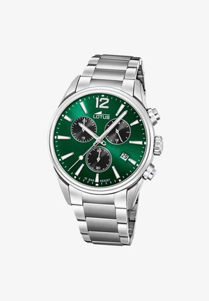 Edelstahl-Chronographenuhr mit grünem Ziffernblatt, schwarzen Teilzifferblättern, silbernen Akzenten und Datumsanzeige; wasserdicht bis 10 bar.