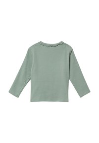 Langärmliges Oberteil aus weichem, geripptem mintgrünem Material mit rundem Hals und zarten Rüschenbesätzen im Rücken. Einfaches, lässiges Design.