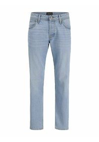 Világoskék farmernadrág, slim fit fazonnal, öt zsebes dizájnnal, enyhén kopott textúrával, és fém kiegészítőkkel a cipzárnál és a gombnál.