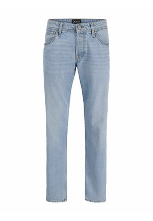 Lyseblå denimjeans med slim fit, fem-lomme design, subtilt falmet struktur og metaludstyr ved lynlåsen og knaplukningen.