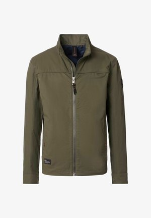 Olive green jacket made of lightweight fabric, featuring a high collar, front zipper, and two side pockets. Simple design with minimal hardware.