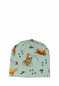 Vaaleansininen pipo, jossa on leikkisiä lehmäkuvioita, polkupyörä- ja lintuteemoja. Valmistettu pehmeästä kankaasta, jolla on sileä pinta.