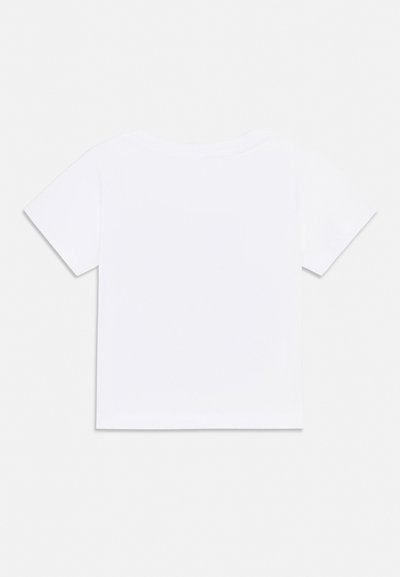 T-shirt blanc uni à manches courtes avec col rond, présenté à plat sur un fond gris clair.