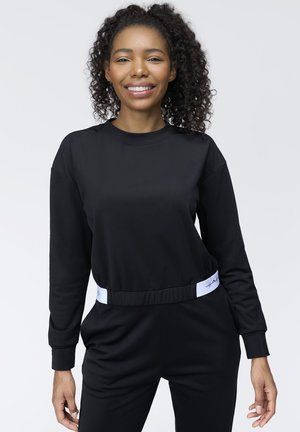 Black long-sleeve sweatshirt made of smooth fabric, featuring a ribbed round neckline and elastic waistband with a white accent.