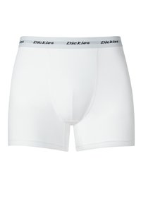 Hvite boksertruser laget av glatt stoff med en grå elastisk midjebånd som har merkevarenavnet "Dickies" i svart skrift.