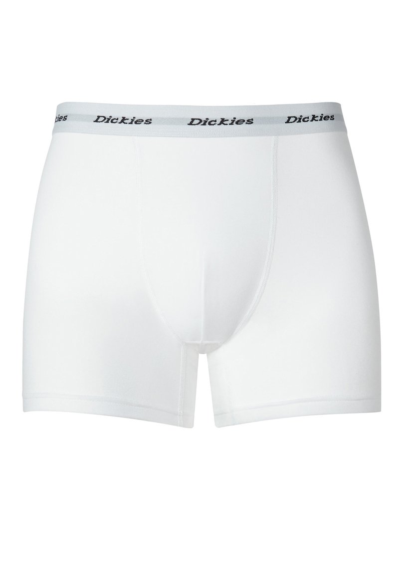 Hvite boksertruser laget av glatt stoff med en grå elastisk midjebånd som har merkevarenavnet "Dickies" i svart skrift.