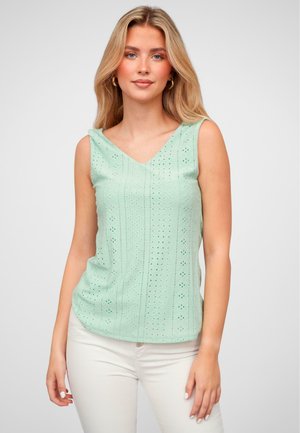 Top sin mangas de color verde menta con escote en V, que presenta patrones de ojal y rayas texturizadas. Tejido suave con un corte holgado.