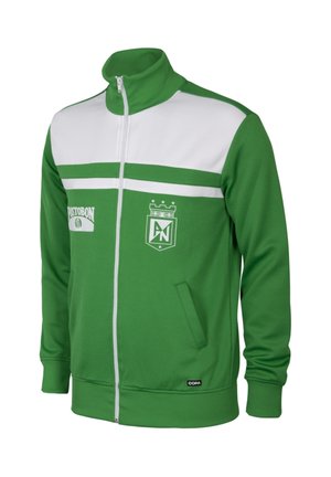 Groen-witte sportjas met ritssluiting, hoge kraag, teamwapen, sponsorlogo, zijzakken en geribde boorden en zoom.