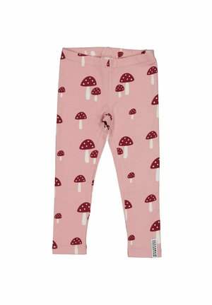 Lyserøde børneleggings med rød og hvid plettet svampeprint og elastisk talje, vist på en hvid baggrund.